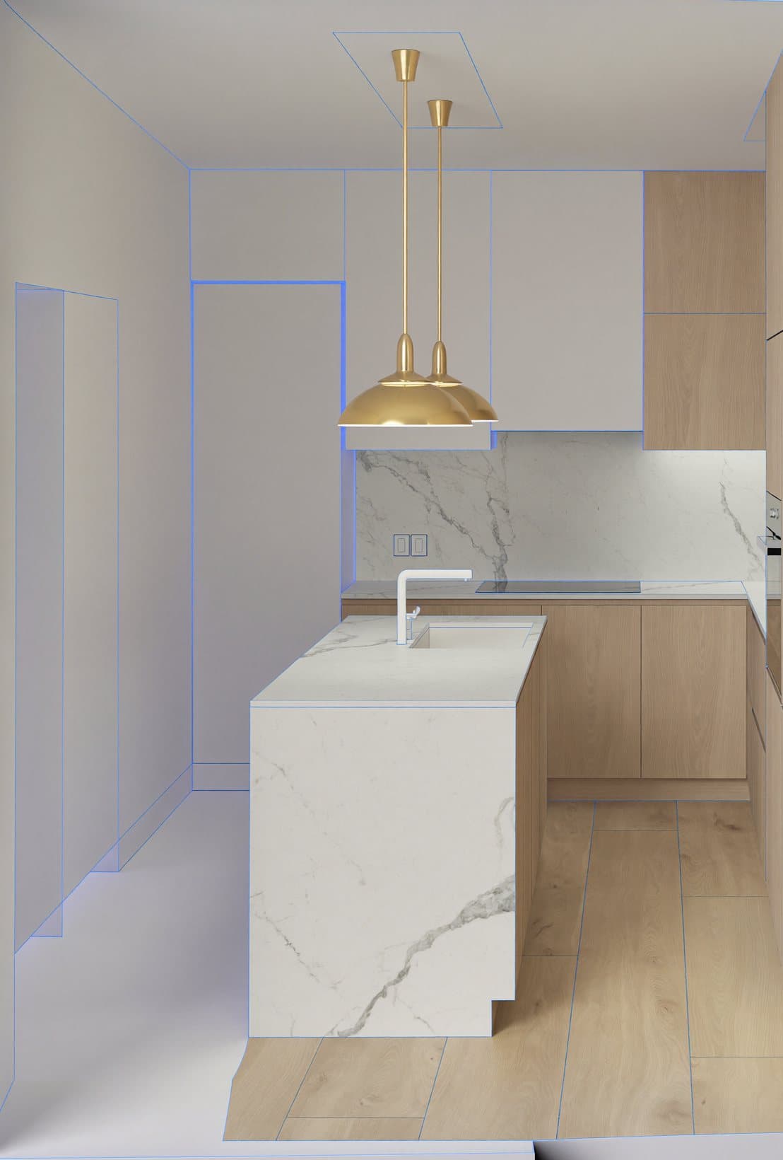 Illustration of a kitchen design: an untextured 3D model blending into the finished, rendered kitchen